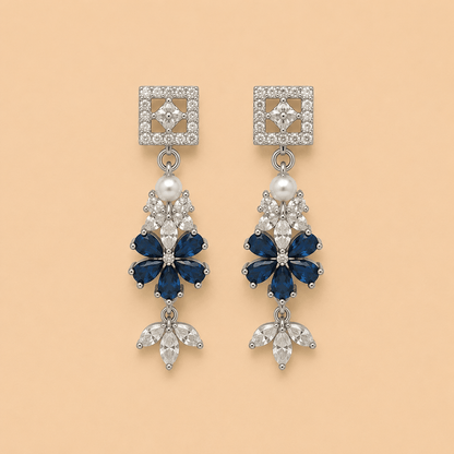 Elegant Blue Floral Drop Earrings with Pearl & Crystal Stones 0027M