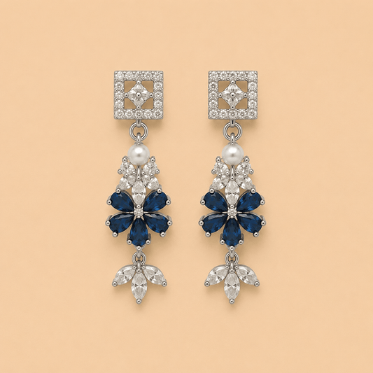 Elegant Blue Floral Drop Earrings with Pearl & Crystal Stones 0027M