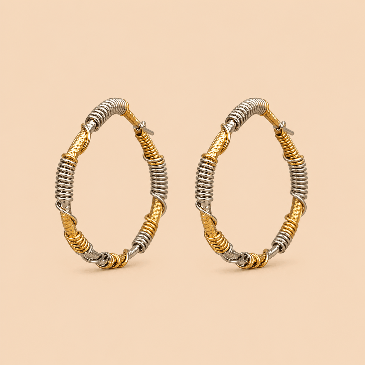 Elegant Dual-Tone Gold & Silver Hoop Earrings – Textured Statement Earrings 0028M