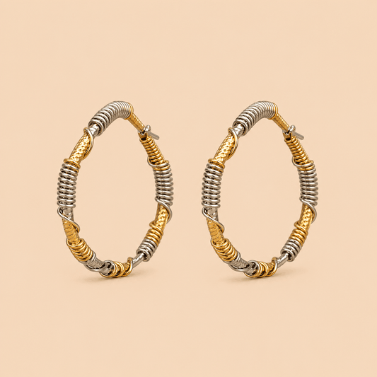 Elegant Dual-Tone Gold & Silver Hoop Earrings – Textured Statement Earrings 0028M