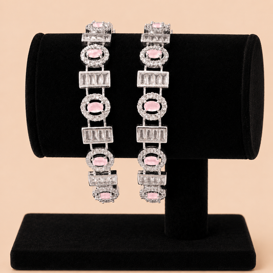 Luxury Silver-Tone Light Pink Oval & Baguette Crystal Bangle Pair 0007M