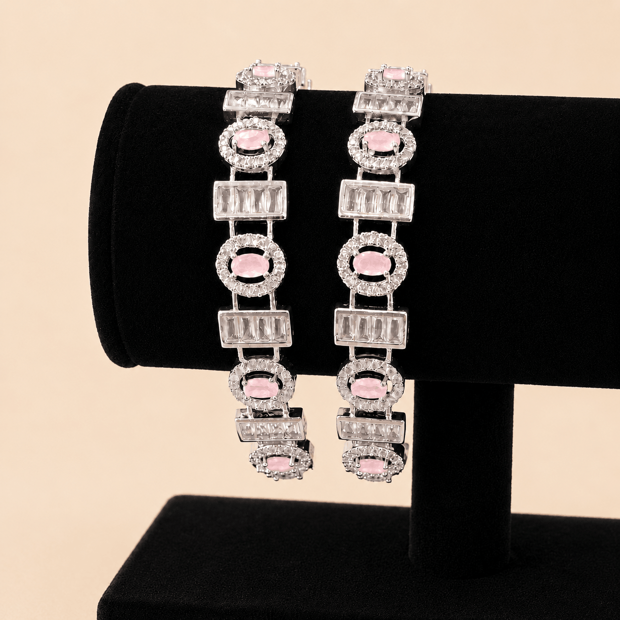 Luxury Silver-Tone Baguette & Oval Crystal Bracelet Bangle Pair 0007M
