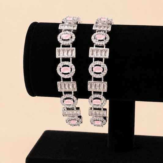 Luxury Silver-Tone Baguette & Oval Crystal Bracelet Bangle Pair 0007M