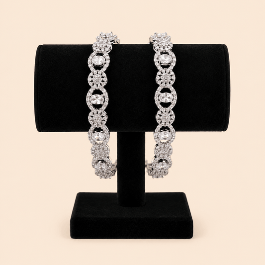 Luxury Silver-Tone Crystal Bangle Pair with Floral Oval Stone Design 0002M