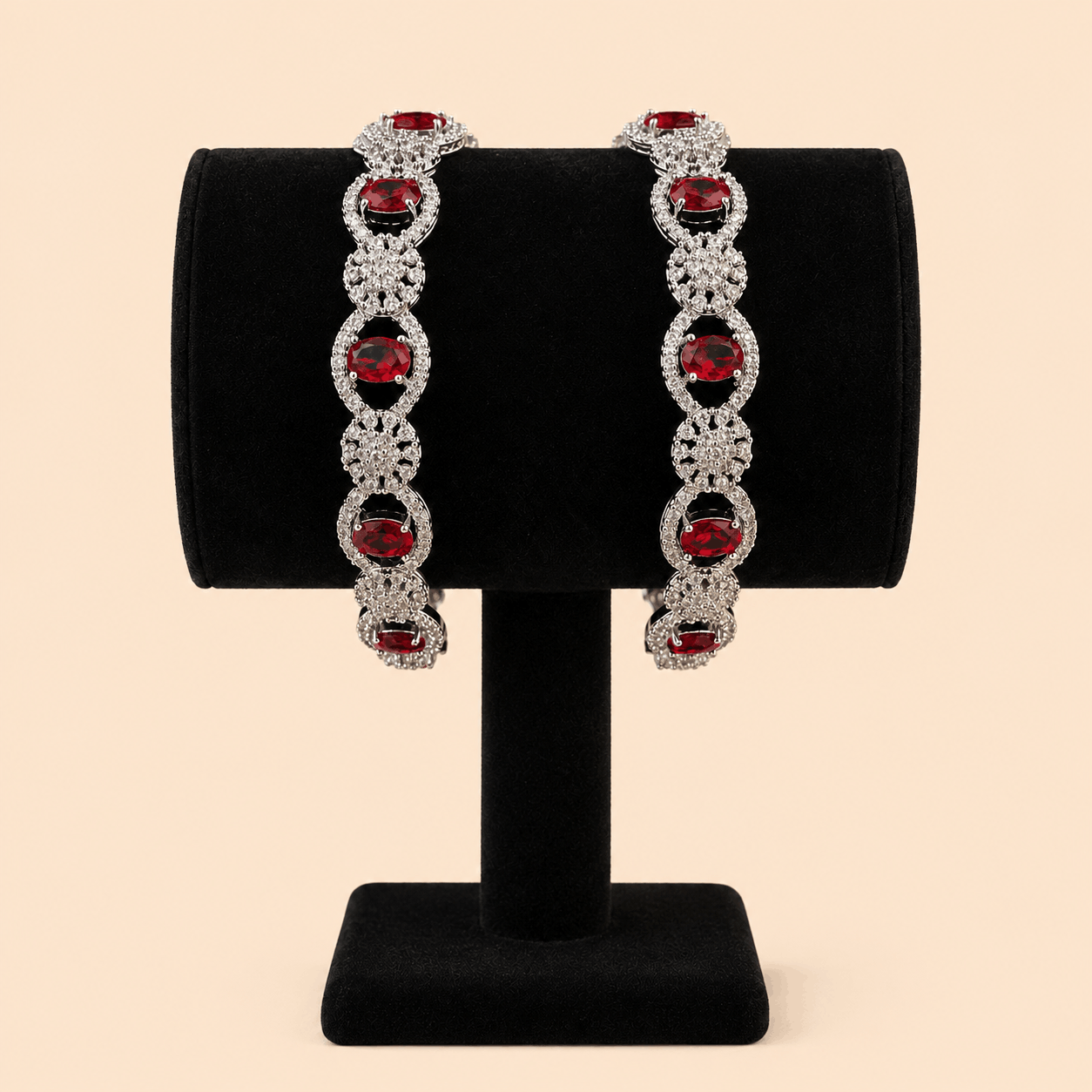Luxury Silver-Tone Red Crystal Floral Oval Bangle Pair 0003M