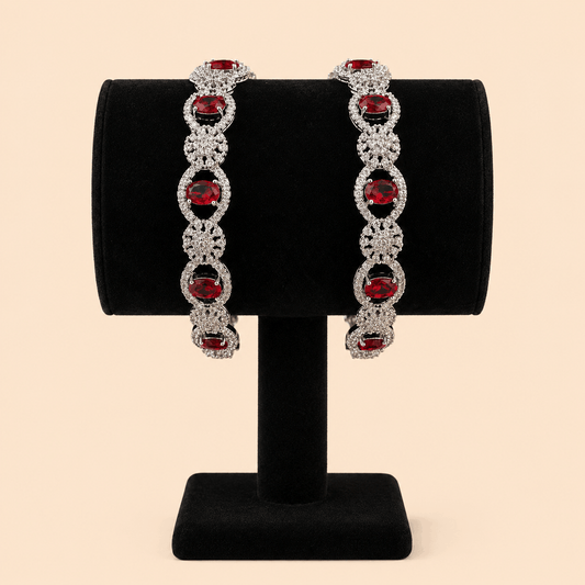 Luxury Silver-Tone Red Crystal Floral Oval Bangle Pair 0003M