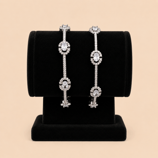 Luxury Silver-Tone Oval Crystal Bracelet Bangle Pair 0004M