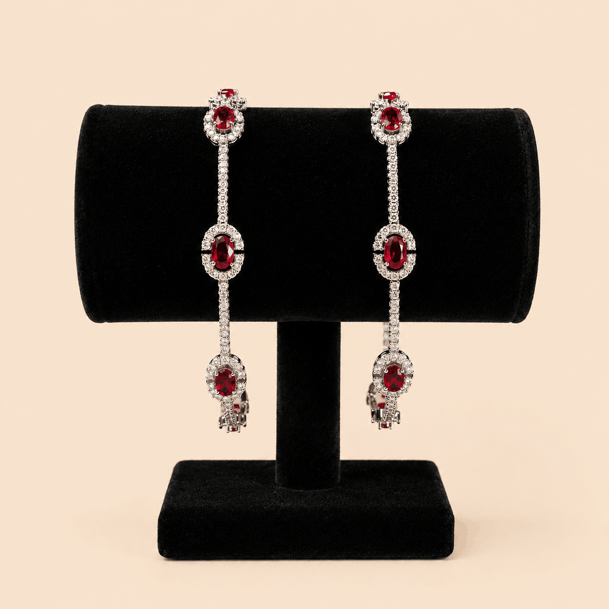 Luxury Silver-Tone Red Oval Crystal Bracelet Bangle Pair 0005M