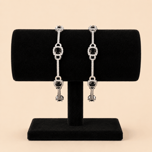Luxury Silver-Tone Black Stone Crystal Bracelet Bangle Pair 0006M
