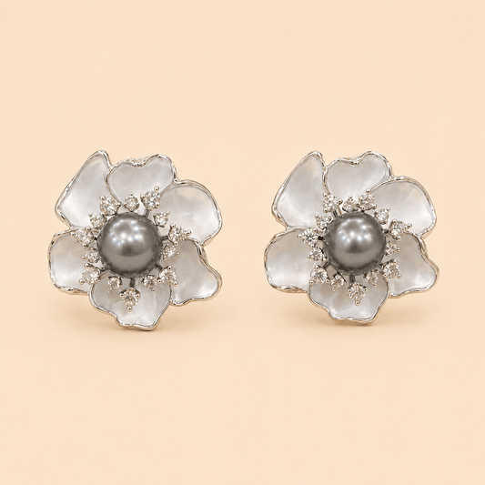 Elegant White Floral Pearl Stud Earrings with Crystal Detailing 0033M