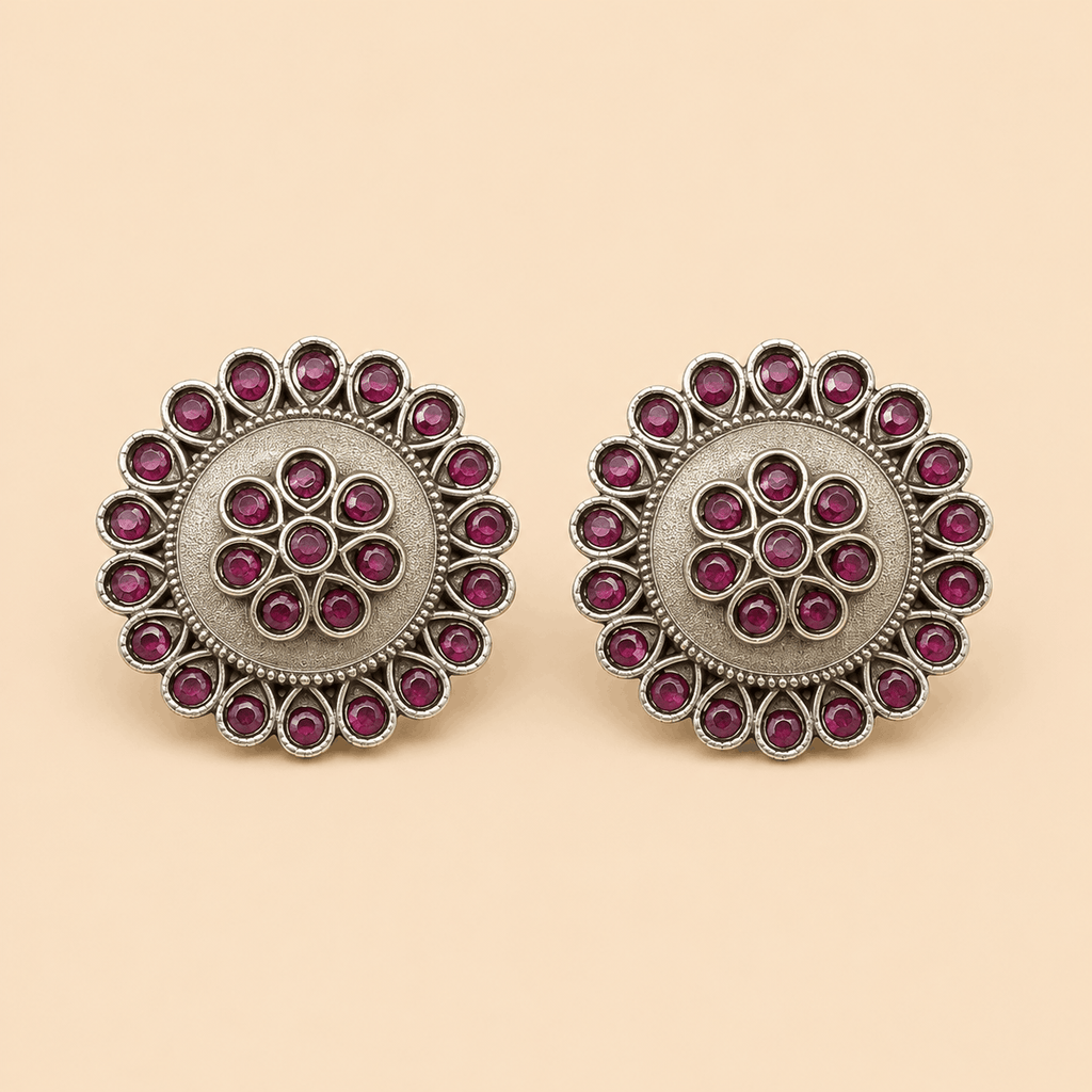 Traditional Round Stone Tops – Antique Silver Ethnic Stud Earrings 0035M