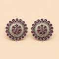 Traditional Round Stone Tops – Antique Silver Ethnic Stud Earrings 0035M