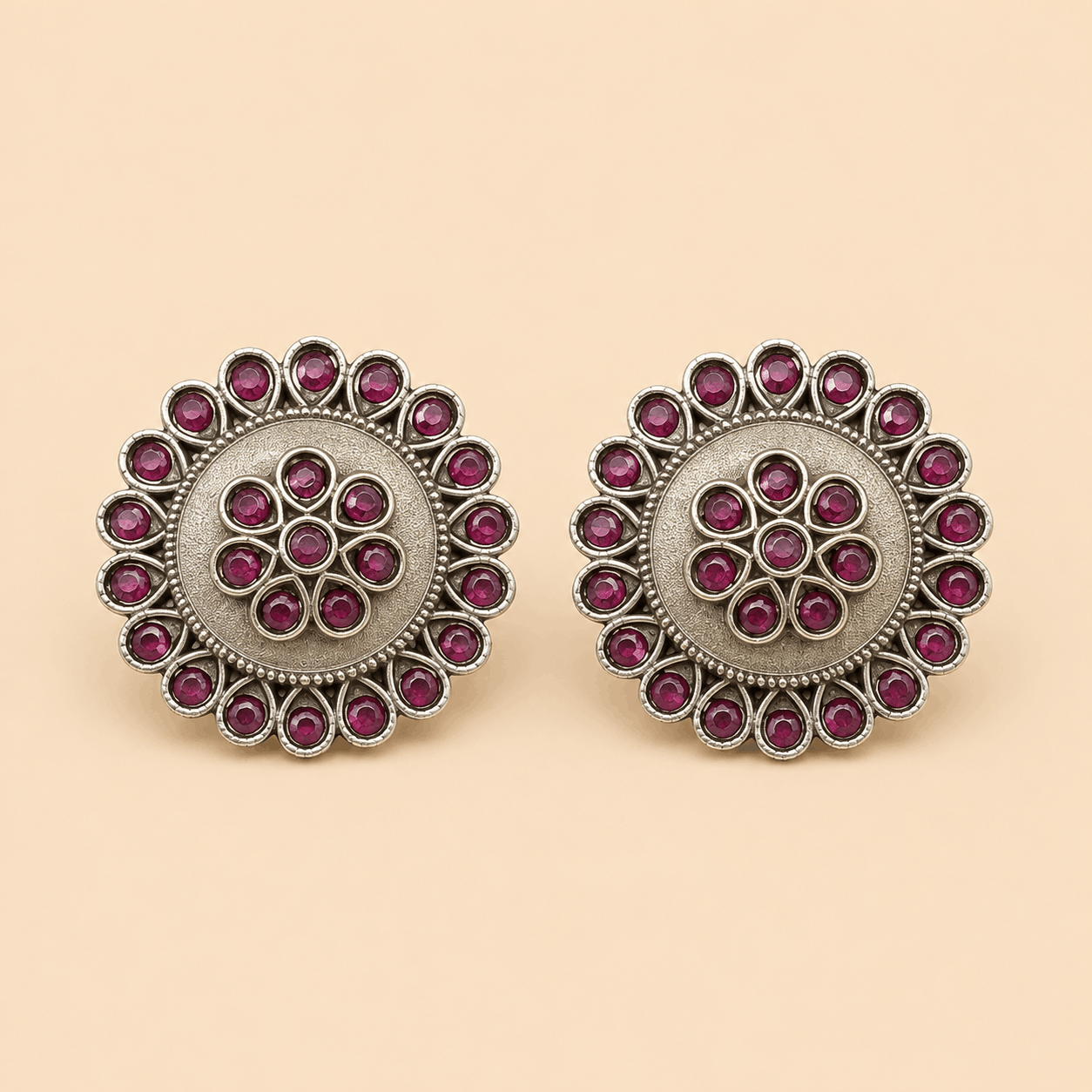 Traditional Round Stone Tops – Antique Silver Ethnic Stud Earrings 0035M