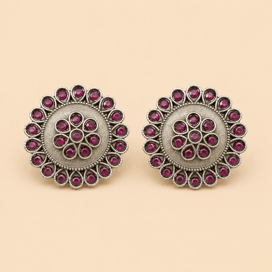 Traditional Round Stone Tops – Antique Silver Ethnic Stud Earrings 0035M