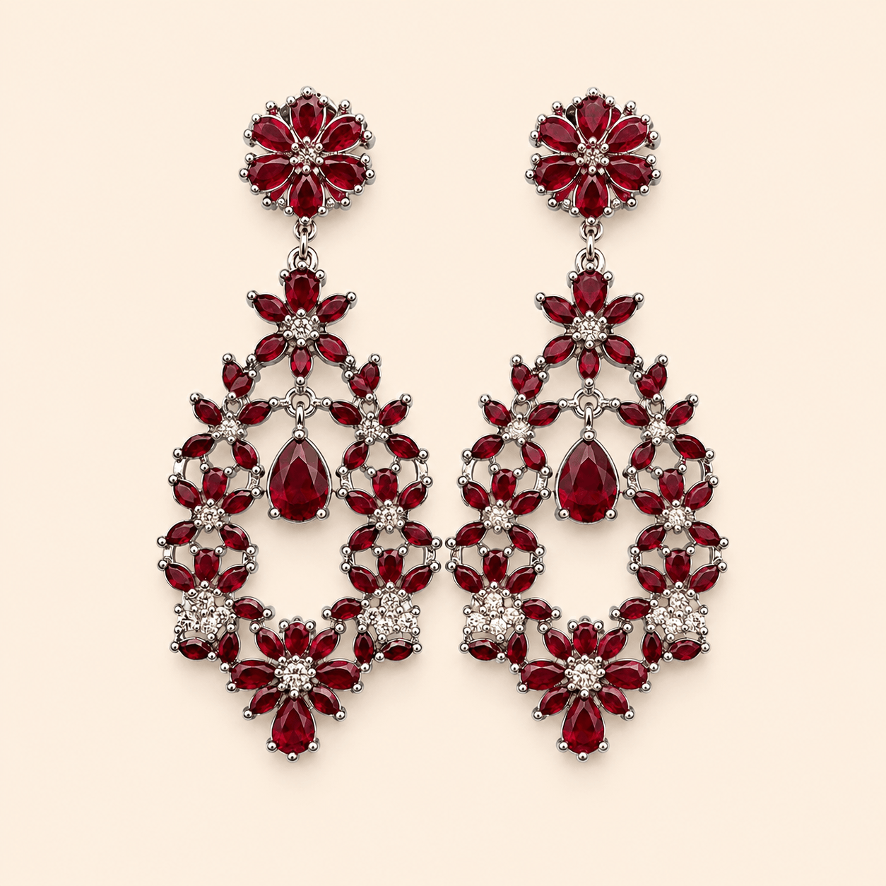 Luxury Ruby Red Floral Chandelier Earrings – Silver Tone Statement Earrings 0036M