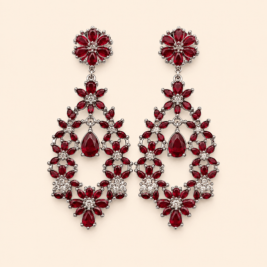 Luxury Ruby Red Floral Chandelier Earrings – Silver Tone Statement Earrings 0036M
