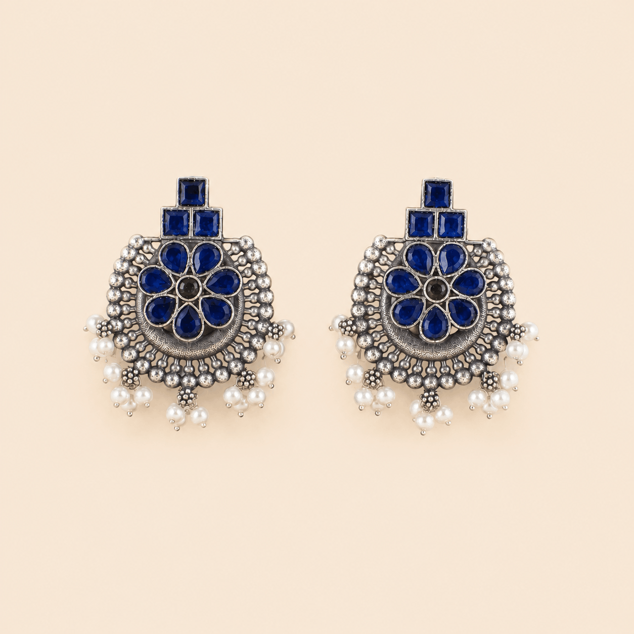 Traditional Floral Pearl Tops – Antique Silver Stone Statement Earrings 0040M