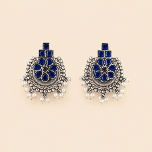 Traditional Floral Pearl Tops – Antique Silver Stone Statement Earrings 0040M