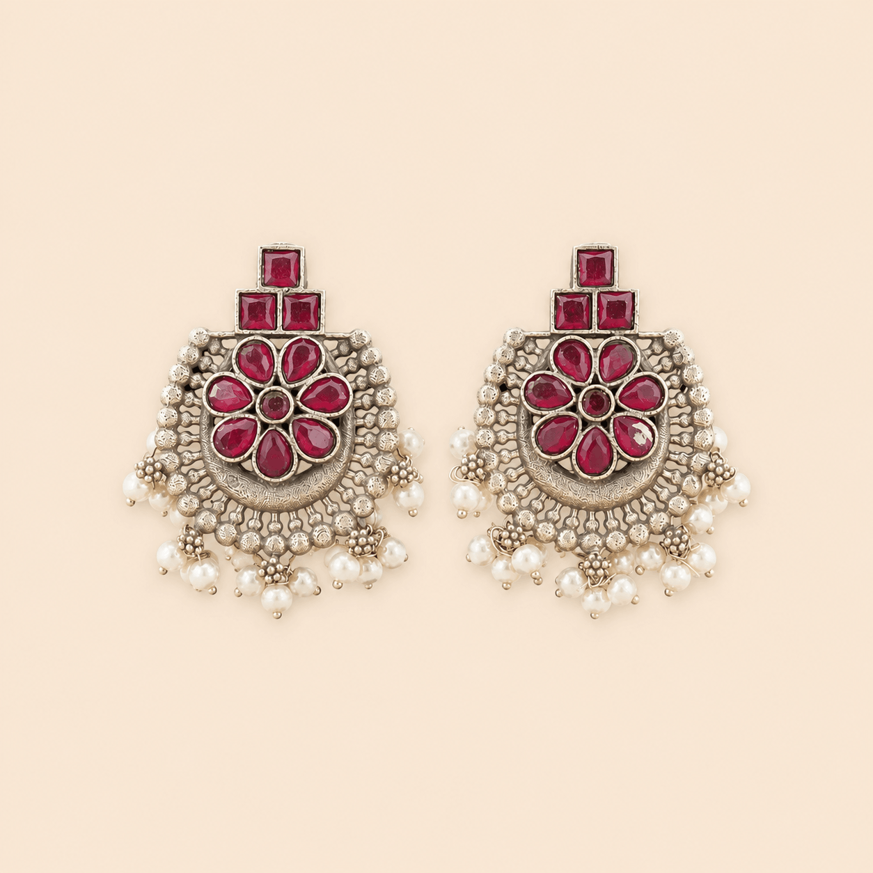 Traditional Floral Pearl Tops – Antique Silver Stone Statement Earrings 0040M