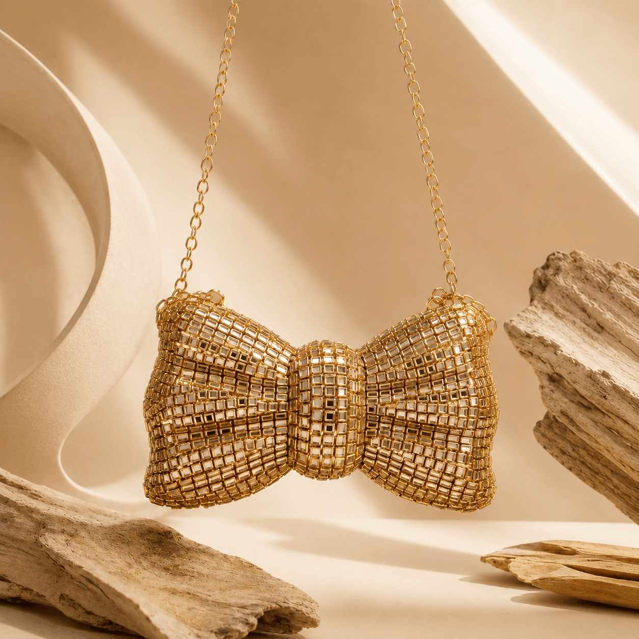 Luxury Gold Bow-Shaped Crystal Clutch Bag 0050M