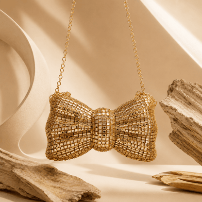 Luxury Gold Bow-Shaped Crystal Clutch Bag 0050M