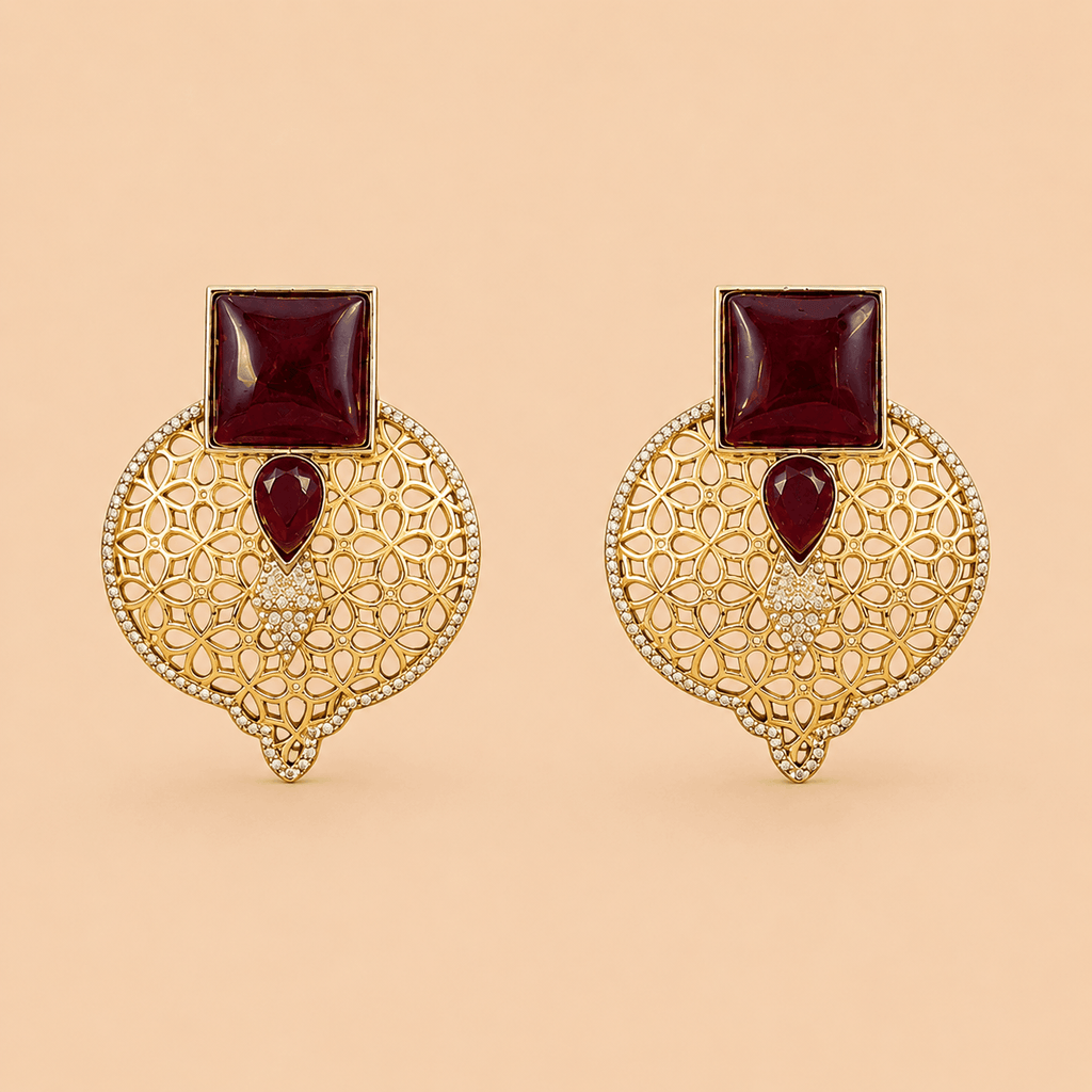 Luxury Gold-Tone Oxidised Maroon Stone Earrings – SKU 0008M