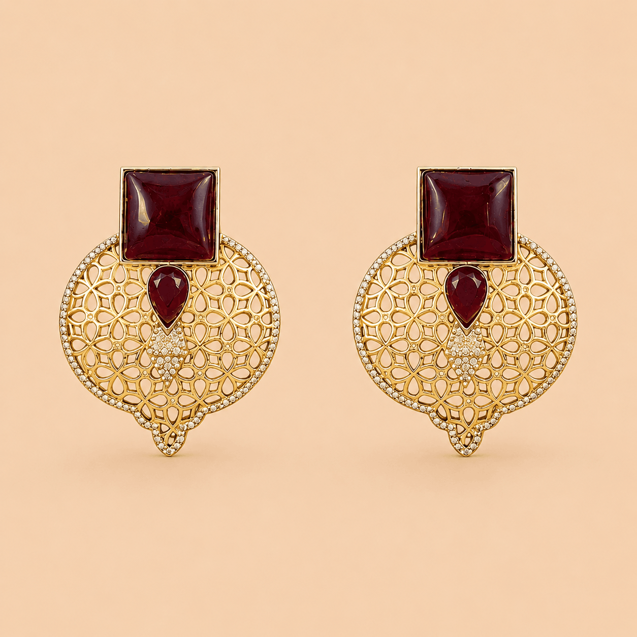 Luxury Gold-Tone Oxidised Maroon Stone Earrings – SKU 0008M