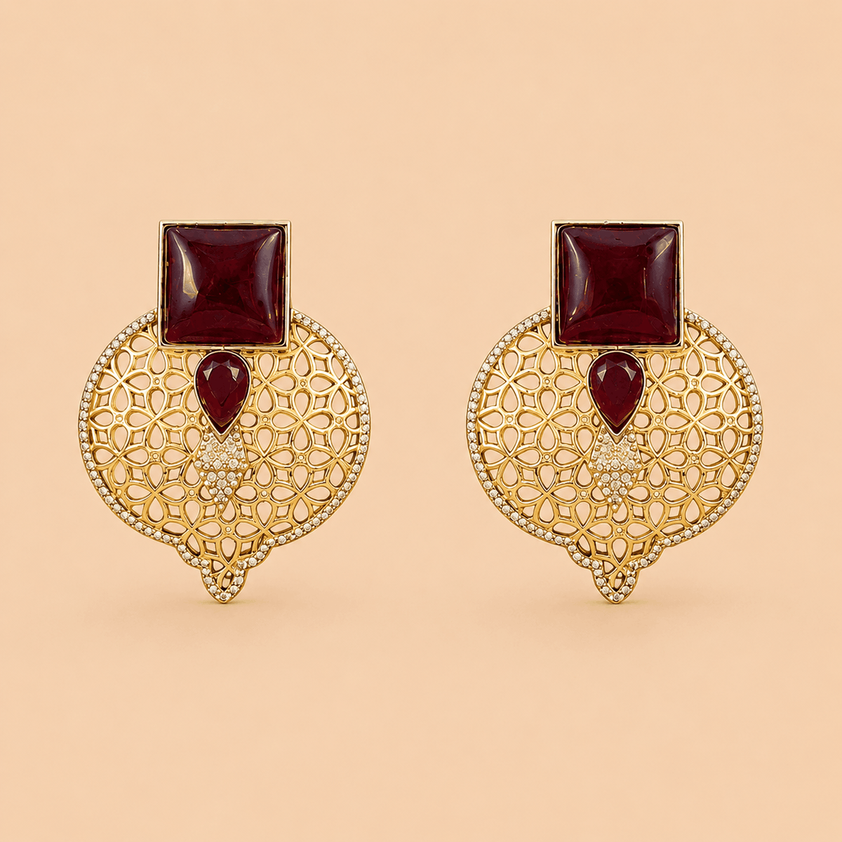 Luxury Gold-Tone Oxidised Maroon Stone Earrings – SKU 0008M