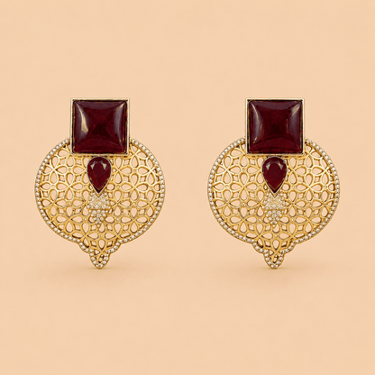 Luxury Gold-Tone Oxidised Maroon Stone Earrings – SKU 0008M