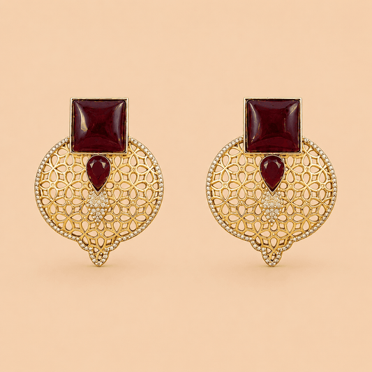Luxury Gold-Tone Oxidised Maroon Stone Earrings – SKU 0008M