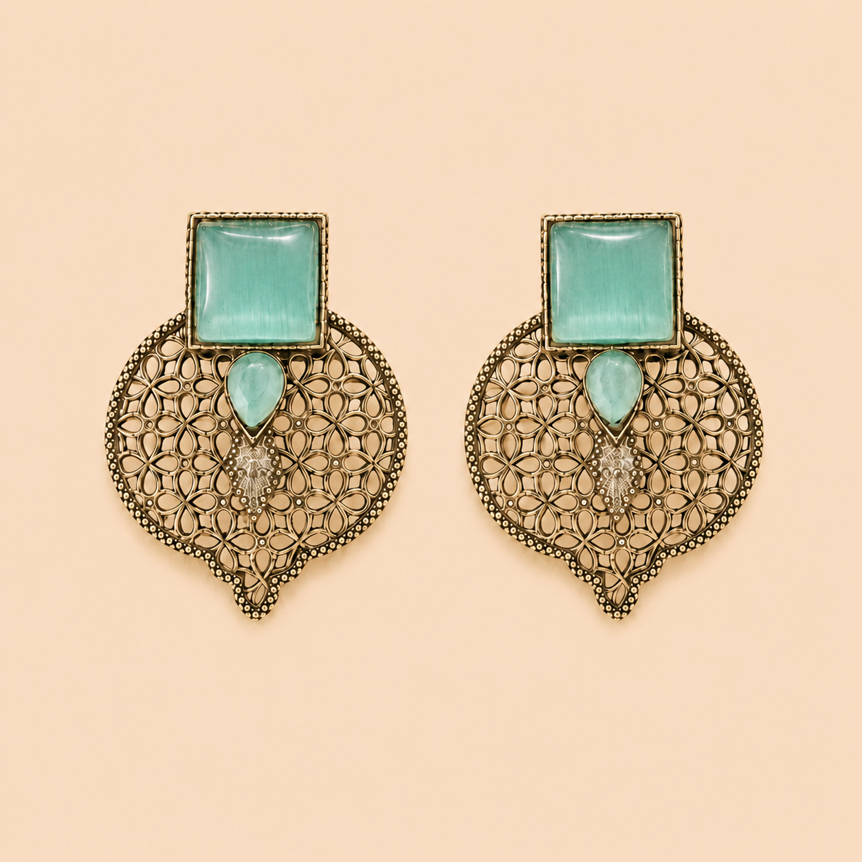 Light Gold Oxidised Earrings with Transparent Mint Green Stones – SKU 0009M