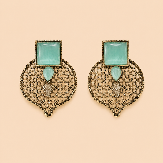 Light Gold Oxidised Earrings with Transparent Mint Green Stones – SKU 0009M