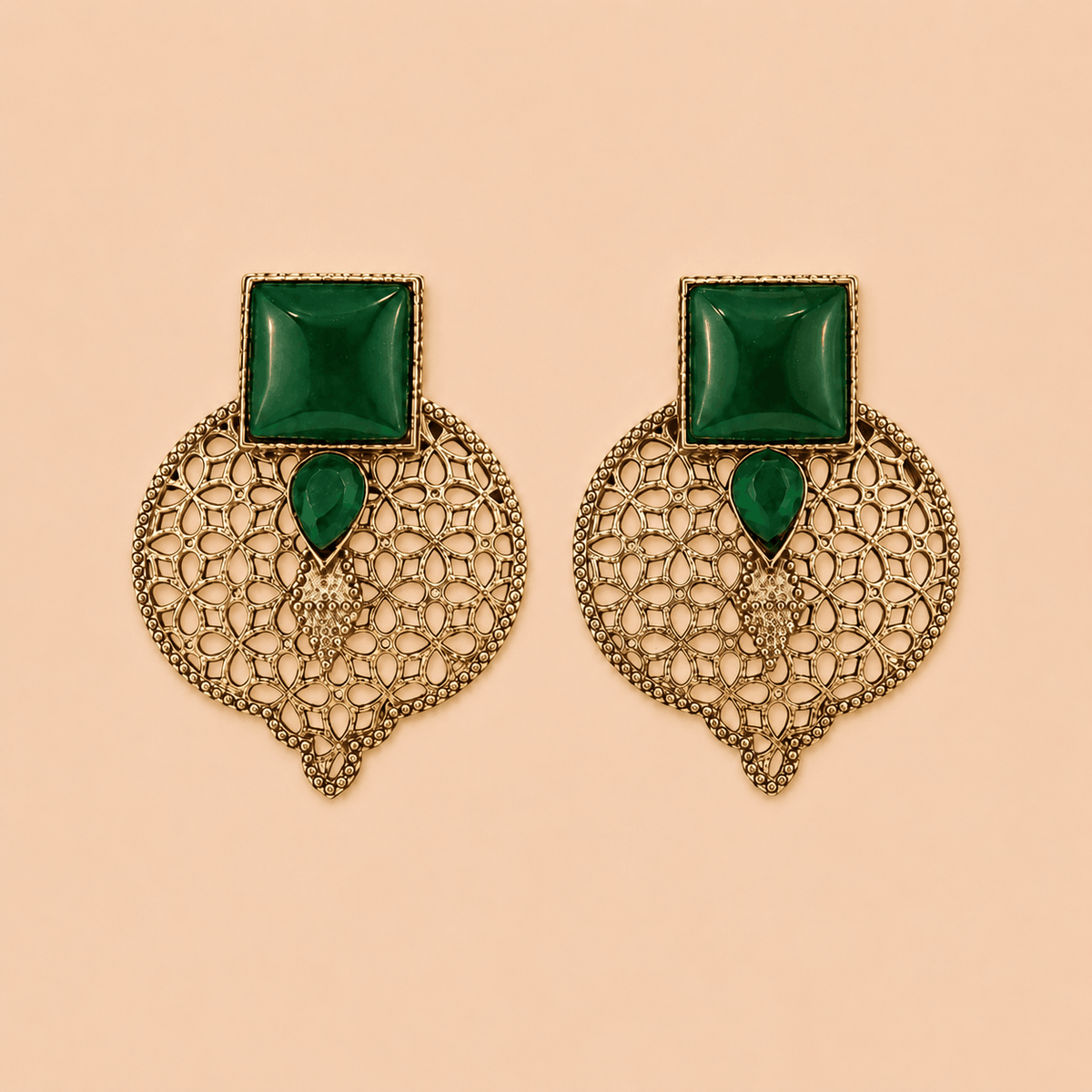 Oxidised Gold Filigree Earrings with Bottle Green Stones – SKU 0010M