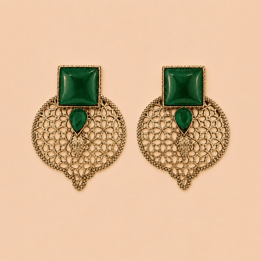 Oxidised Gold Filigree Earrings with Bottle Green Stones – SKU 0010M