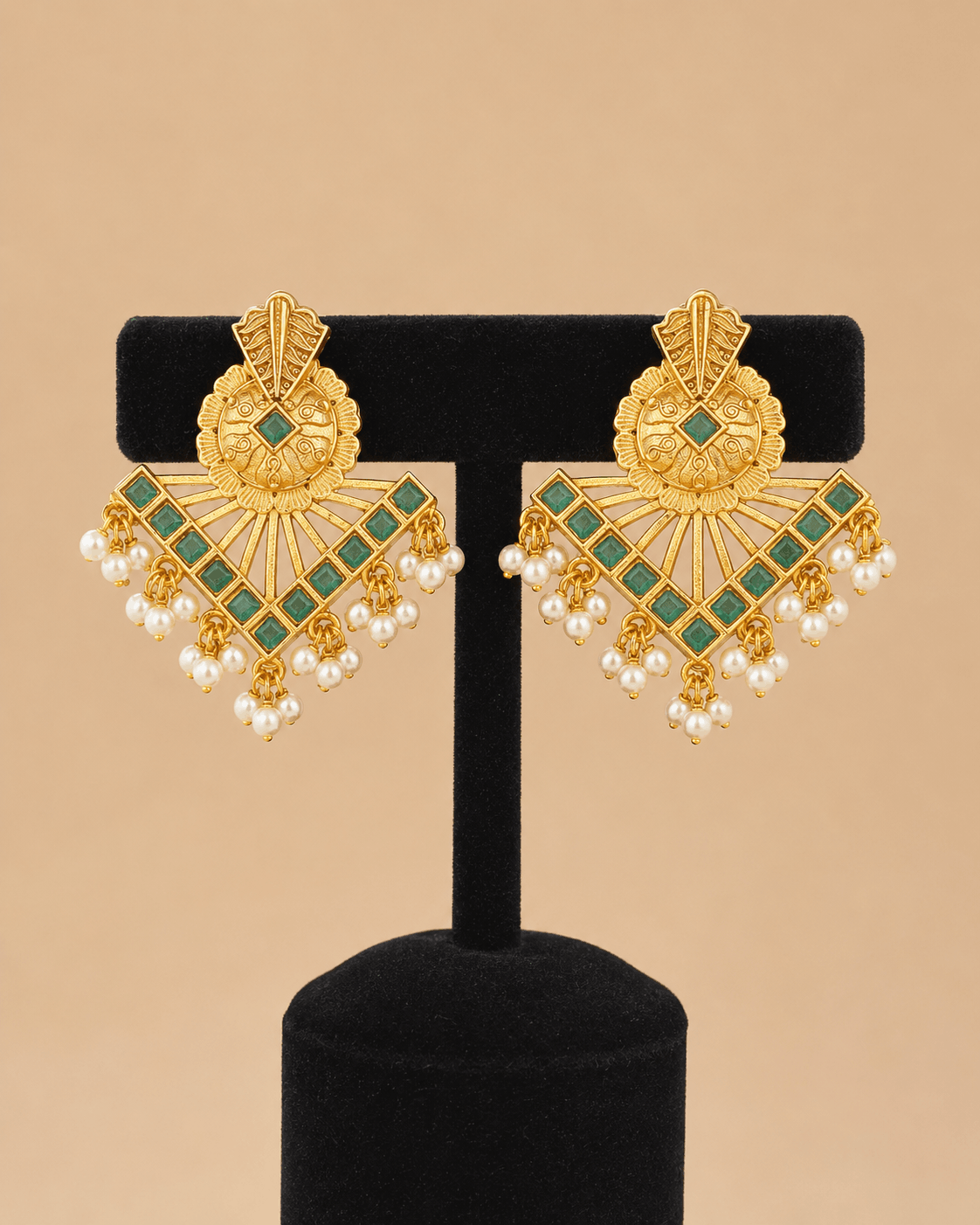 Traditional Gold Fan Drop Earrings with Pearl Hanging – Statement Ethnic Earrings 0041M