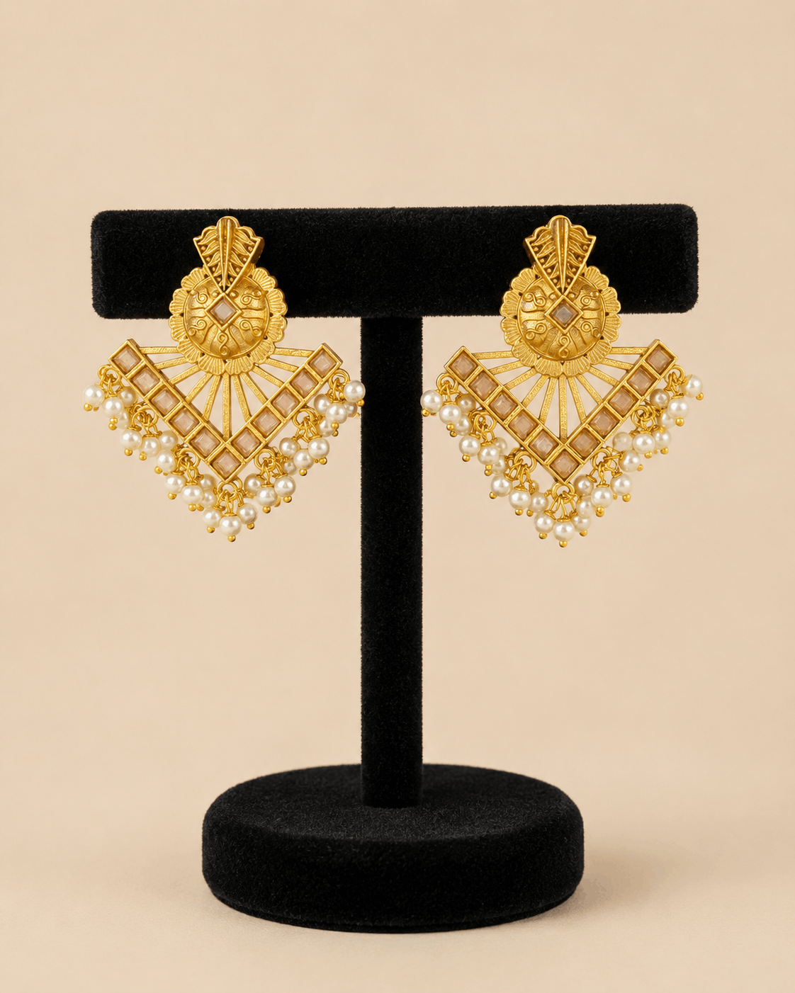 Traditional Gold Fan Drop Earrings with Pearl Hanging – Statement Ethnic Earrings 0041M