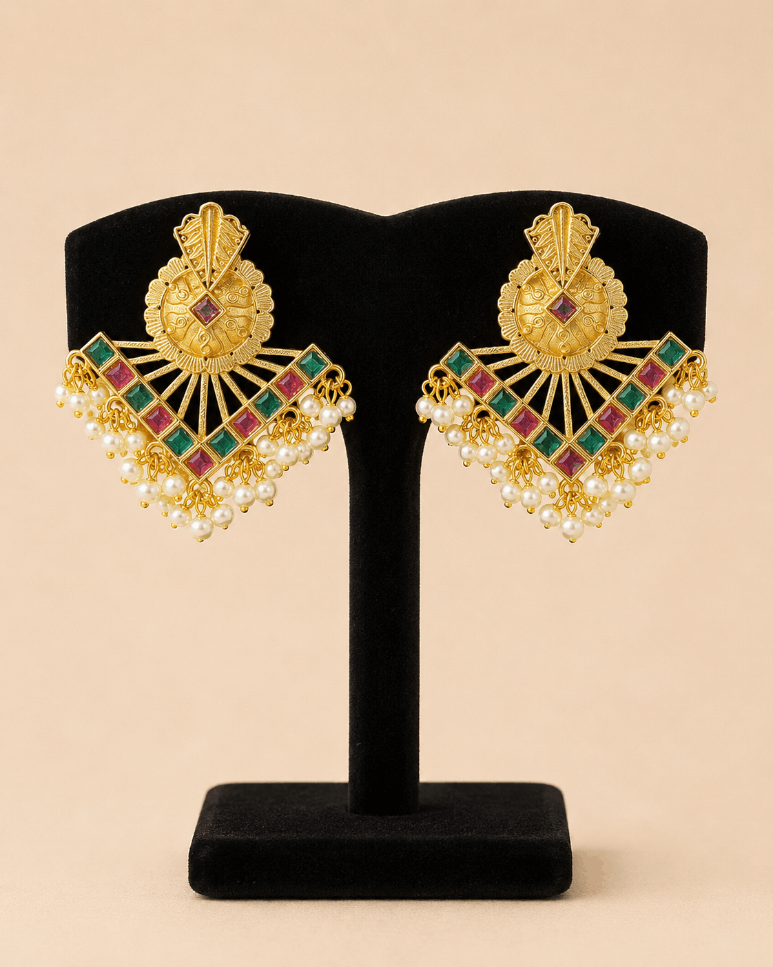 Traditional Gold Fan Drop Earrings with Pearl Hanging – Statement Ethnic Earrings 0041M