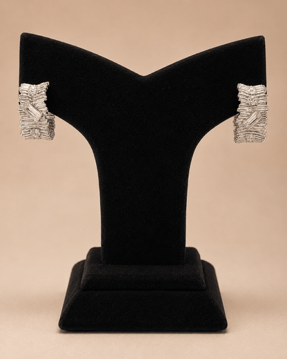Luxury Silver Ribbed Hoop Earrings with Crystal Stones 0022M