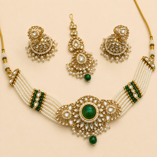Emerald Kundan Pearl Bridal Jewellery Set – 0131M
