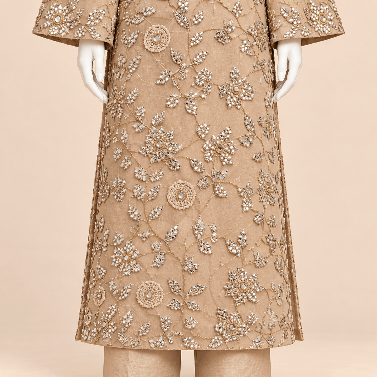 Champagne Foil work Floral Embroidered Formal chiffon 3-Piece Suit – 0158M (unstitched)