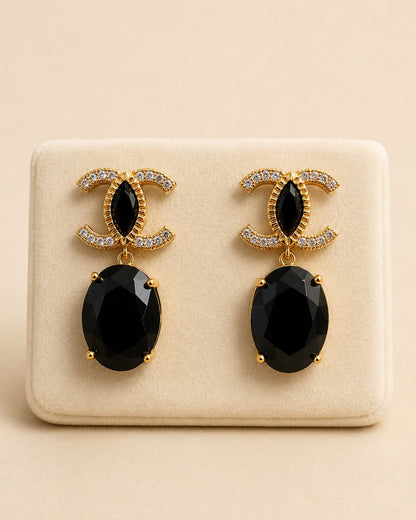 Elegant Black Stone Double-C Inspired Drop Earrings – Gold Tone Statement Earrings 0024M