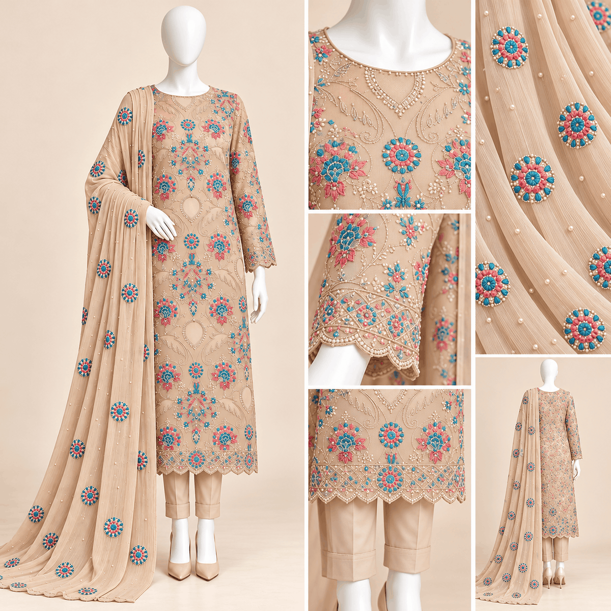 Champagne Mirage – Luxury Multicolour Embroidered 3-Piece Formal Suit – 0179M (Unstitched)