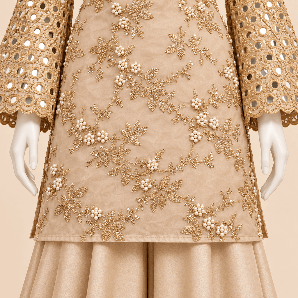 Champagne Pearl Vine Mirror work Formal soft-organza 4-Piece Suit – 0157M (Unstitched)