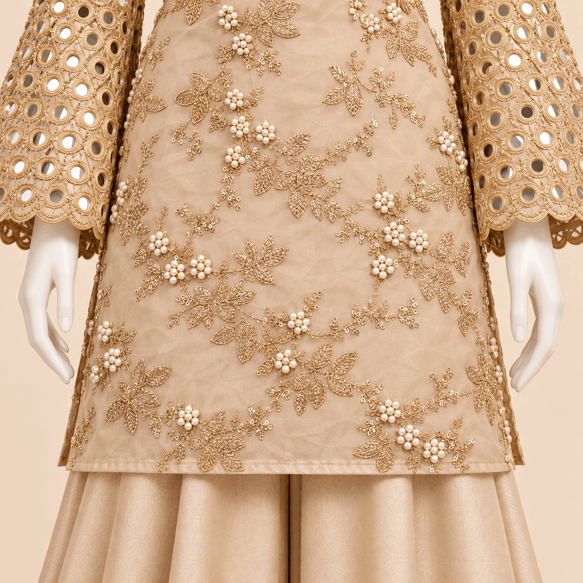 Champagne Pearl Vine Mirror work Formal soft-organza 4-Piece Suit – 0157M (Unstitched)