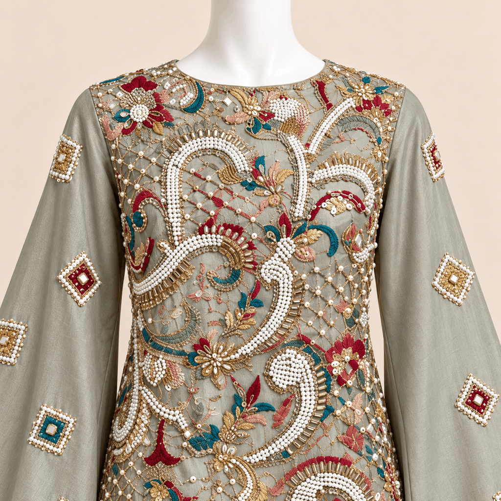 Sage Tussar Silk Multicolour Hand-Embellished Formal 3-Piece Suit – 0159M (Unstitched)