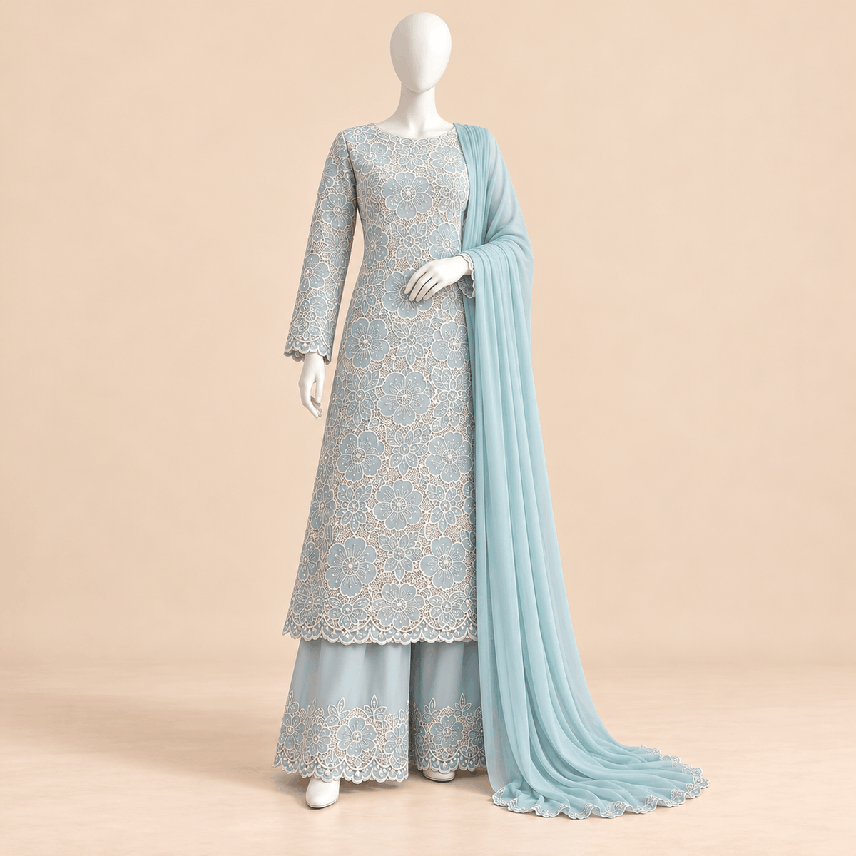 Azure Bloom – Luxury Ice Blue Floral Laser-Cut Suit with Stone Work | SKU 0167M (Unstitched)