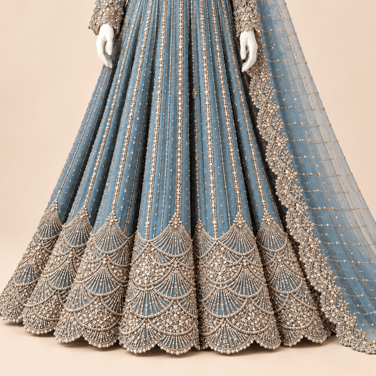 Celestia Steel Blue Silver Embellished Maxi Gown with Dupatta – 0162M (Unstitched)