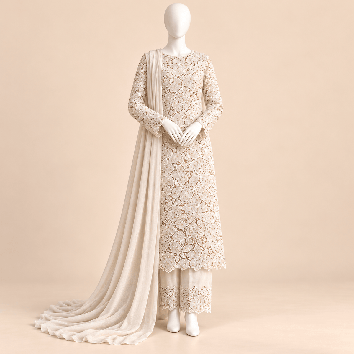 Ivory Blossom – Luxury Grip Laser Cut 3-Piece Suit with Stone Work | SKU 0165M (Unstitched)