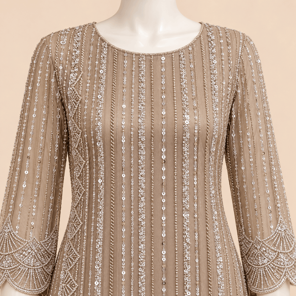 Taupe Silver Sequin Embellished 3-Piece Formal Ensemble Inner and trouser - Tussel Silk– 0160M (unstitched)