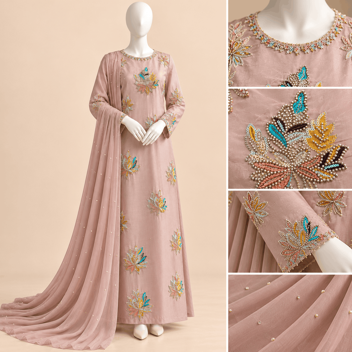 Blush Aura – Luxury Dusty Pink Embellished 3-Piece Suit with Multicolour Handwork | SKU 0168M (Unstitched)